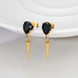 Creative Women's Titanium Steel Tapered Black Zirconia Drop Earrings Dark Hip Hop Style | Wholesale Jewelry Only