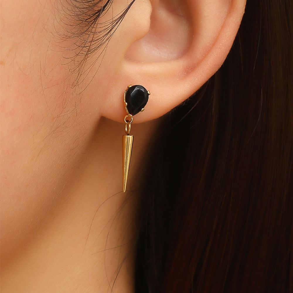 Creative Women's Titanium Steel Tapered Black Zirconia Drop Earrings Dark Hip Hop Style | Wholesale Jewelry Only 1
