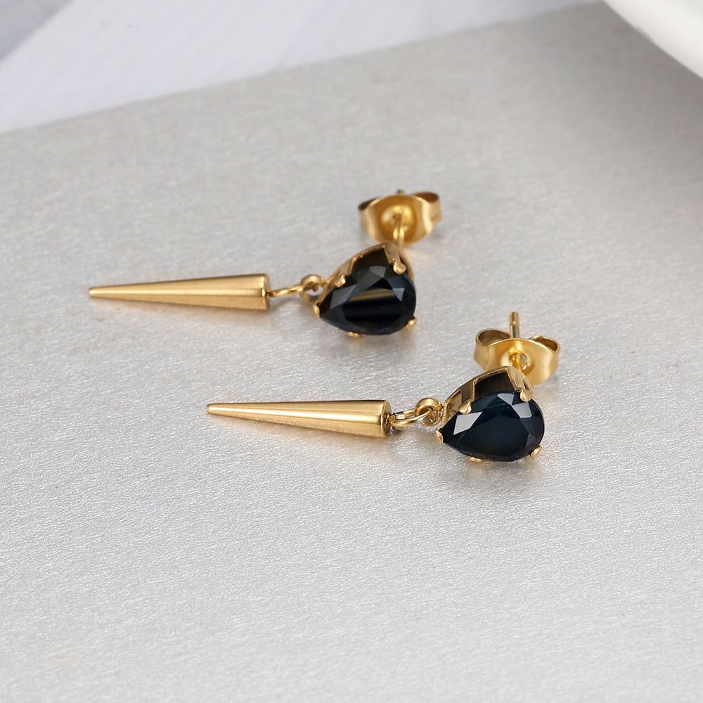 Creative Women's Titanium Steel Tapered Black Zirconia Drop Earrings Dark Hip Hop Style | Wholesale Jewelry Only 2