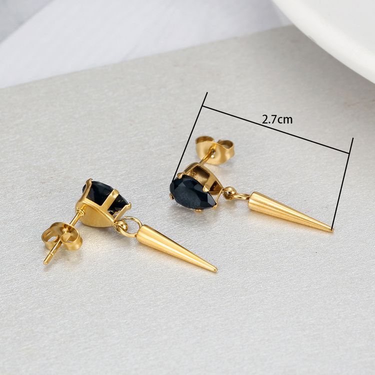 Creative Women's Titanium Steel Tapered Black Zirconia Drop Earrings Dark Hip Hop Style | Wholesale Jewelry Only 3