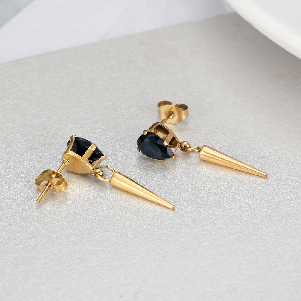 Creative Women's Titanium Steel Tapered Black Zirconia Drop Earrings Dark Hip Hop Style | Wholesale Jewelry Only 4