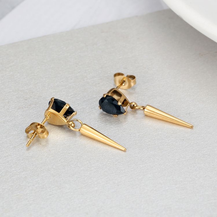 Creative Women's Titanium Steel Tapered Black Zirconia Drop Earrings Dark Hip Hop Style | Wholesale Jewelry Only 4
