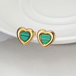 Women's titanium steel green malachite love heart earrings heart pattern | Wholesale Jewelry Only