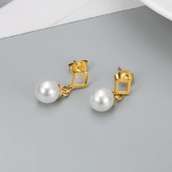 Square Artificial Pearl Dangle Stainless Steel 18k Gold Plated Earrings | Wholesale Jewelry Only