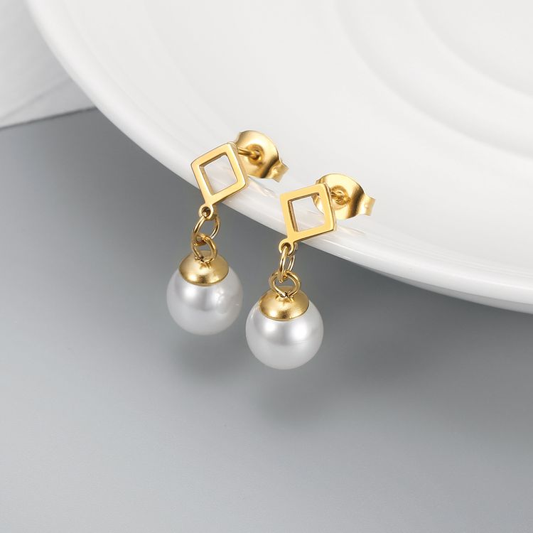 Square Artificial Pearl Dangle Stainless Steel 18k Gold Plated Earrings | Wholesale Jewelry Only 2