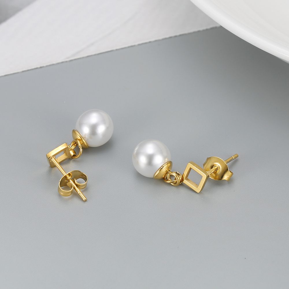 Square Artificial Pearl Dangle Stainless Steel 18k Gold Plated Earrings | Wholesale Jewelry Only 3