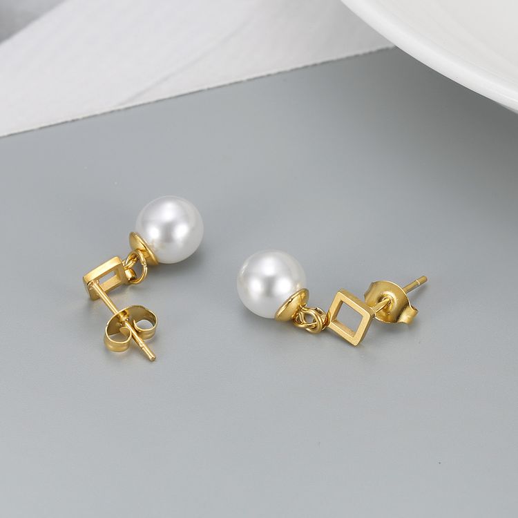 Square Artificial Pearl Dangle Stainless Steel 18k Gold Plated Earrings | Wholesale Jewelry Only 3