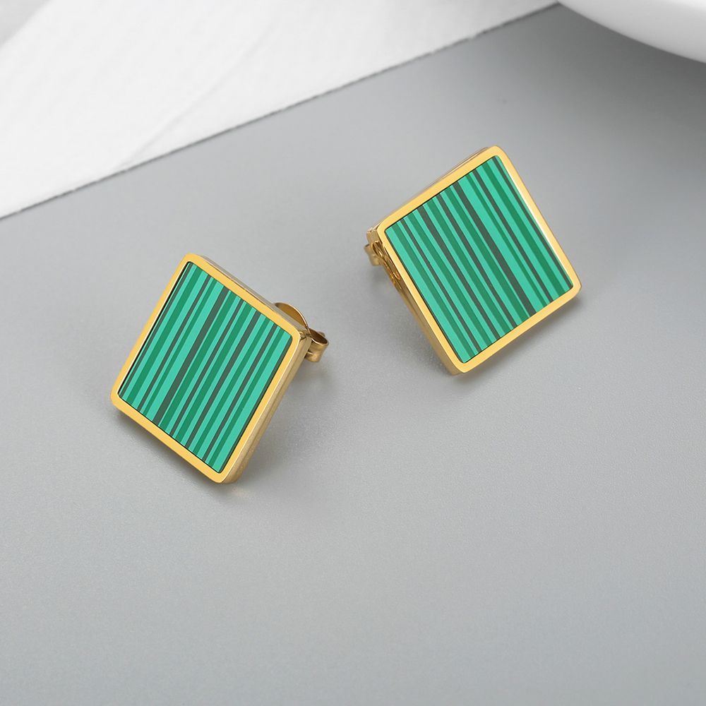 Vintage Geometric Square Emerald Stripe Women's Stainless Steel Stud Earrings | Wholesale Jewelry Only 0