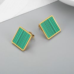 Vintage Geometric Square Emerald Stripe Women's Stainless Steel Stud Earrings | Wholesale Jewelry Only