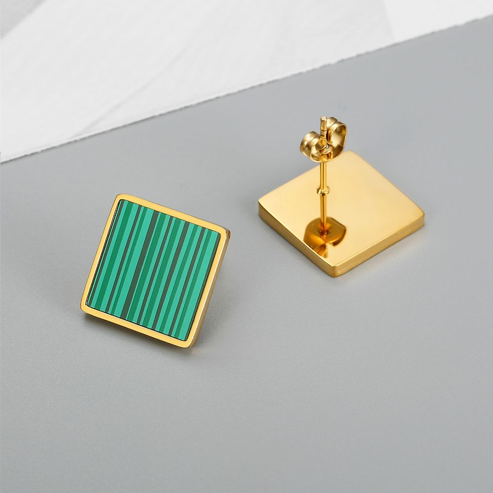 Vintage Geometric Square Emerald Stripe Women's Stainless Steel Stud Earrings | Wholesale Jewelry Only 1