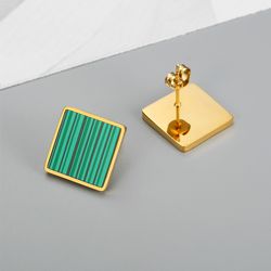 Vintage Geometric Square Emerald Stripe Women's Stainless Steel Stud Earrings | Wholesale Jewelry Only