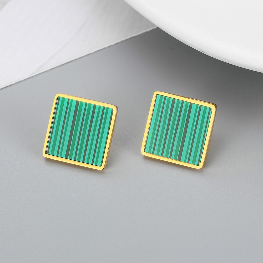 Vintage Geometric Square Emerald Stripe Women's Stainless Steel Stud Earrings | Wholesale Jewelry Only 2