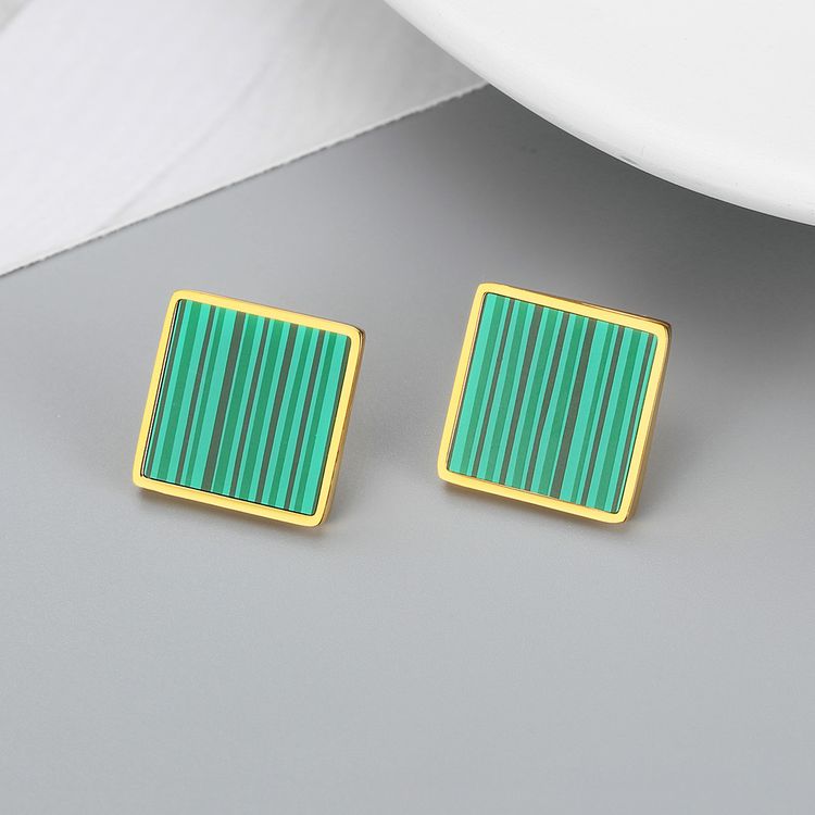 Vintage Geometric Square Emerald Stripe Women's Stainless Steel Stud Earrings | Wholesale Jewelry Only 2