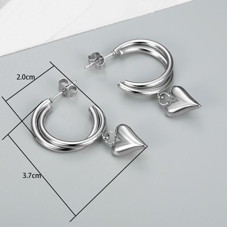 Trendy C-shaped double ring love heart female titanium steel earrings peach | Wholesale Jewelry Only 2