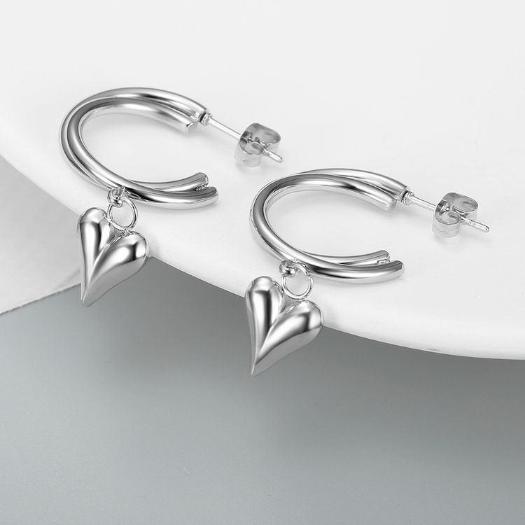 Trendy C-shaped double ring love heart female titanium steel earrings peach | Wholesale Jewelry Only 3