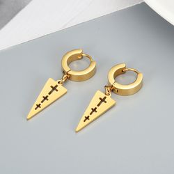 Titanium steel inverted triangle hollowed cross clip earring hip-hop punk style | Wholesale Jewelry Only