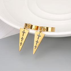 Titanium steel inverted triangle hollowed cross clip earring hip-hop punk style | Wholesale Jewelry Only