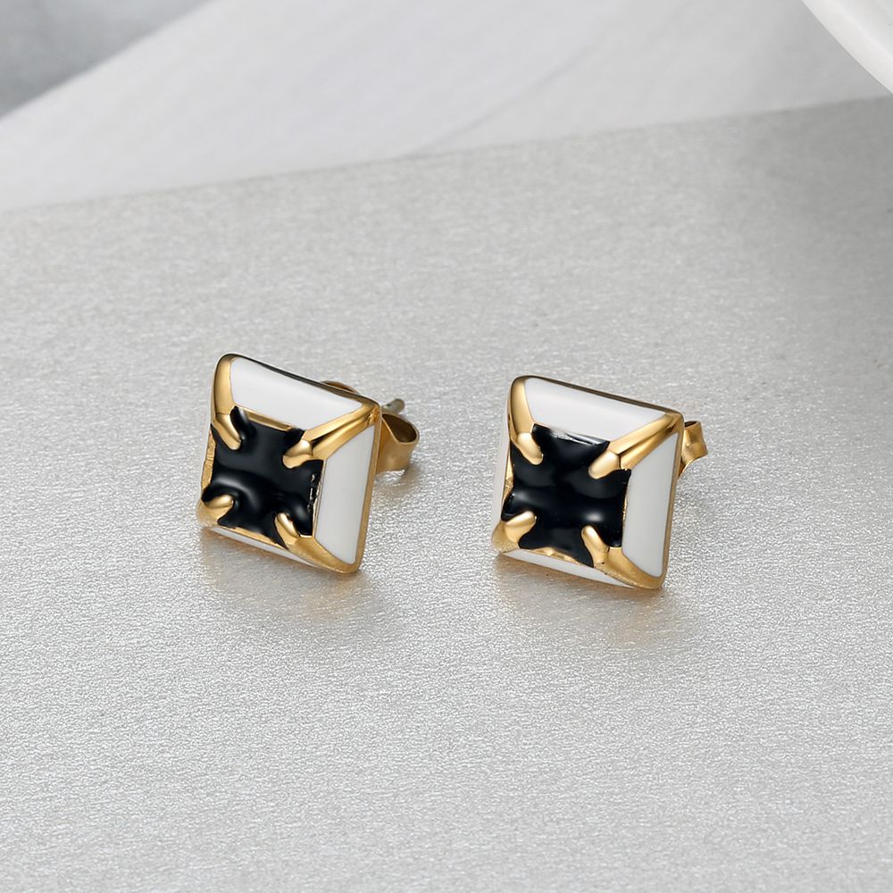 Black white color clash square fashion zirconia four claws titanium steel earrings | Wholesale Jewelry Only 0