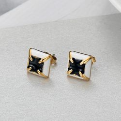 Black white color clash square fashion zirconia four claws titanium steel earrings | Wholesale Jewelry Only