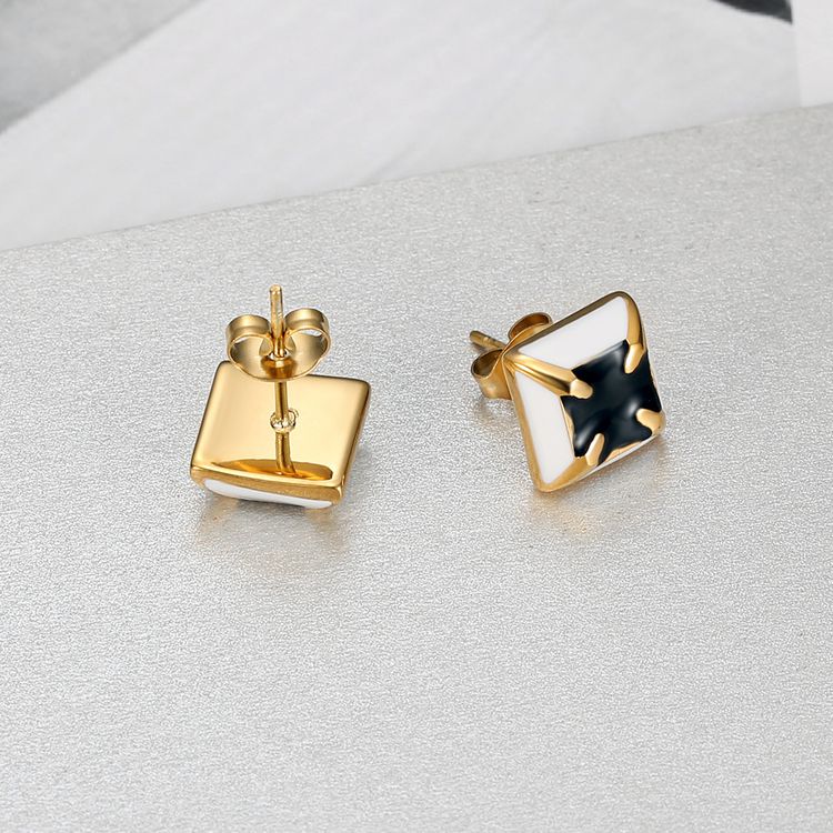 Black white color clash square fashion zirconia four claws titanium steel earrings | Wholesale Jewelry Only 2