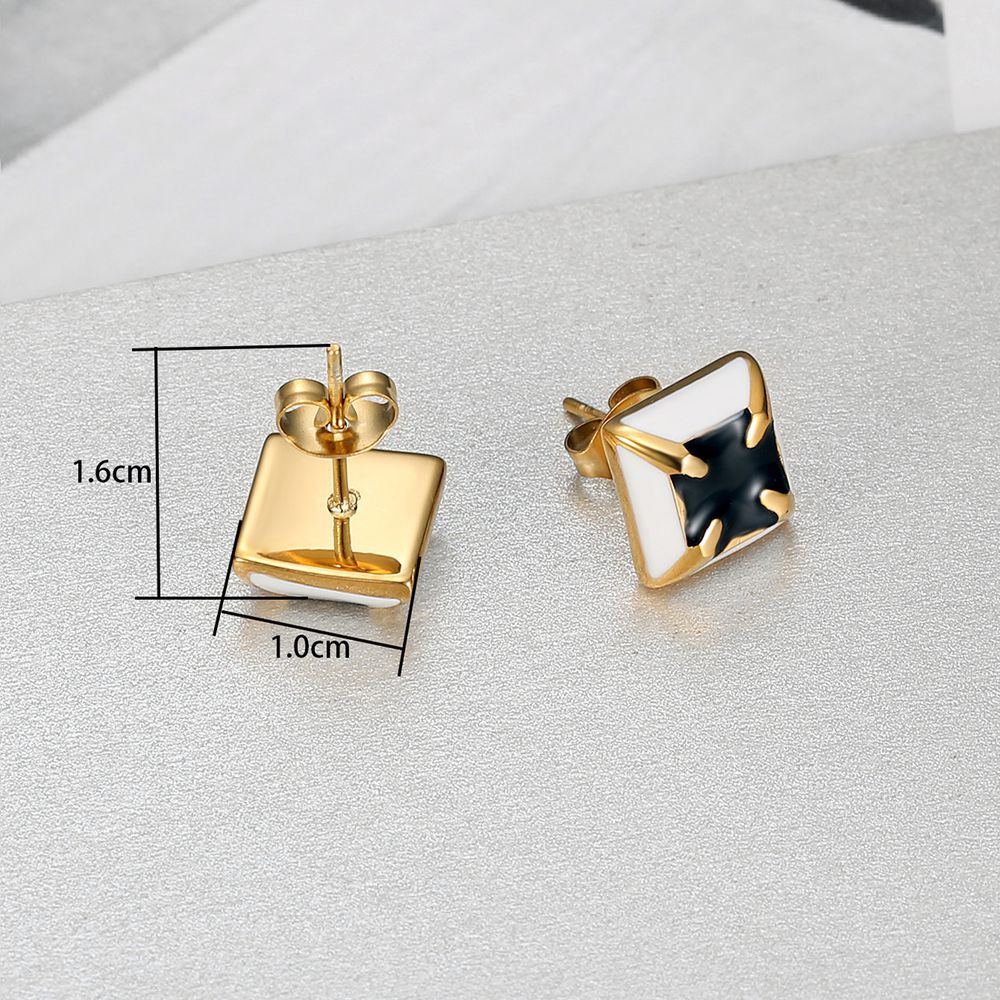 Black white color clash square fashion zirconia four claws titanium steel earrings | Wholesale Jewelry Only 3