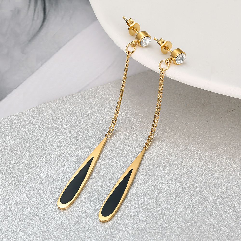 Fashion Titanium Steel Long Black Gold Drop Earrings with Zirconia | Wholesale Jewelry Only 0