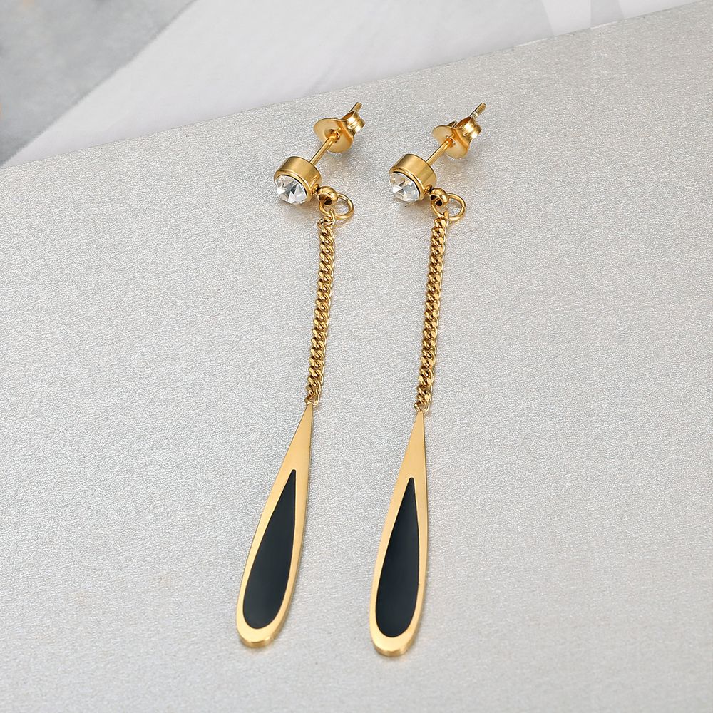 Fashion Titanium Steel Long Black Gold Drop Earrings with Zirconia | Wholesale Jewelry Only 2