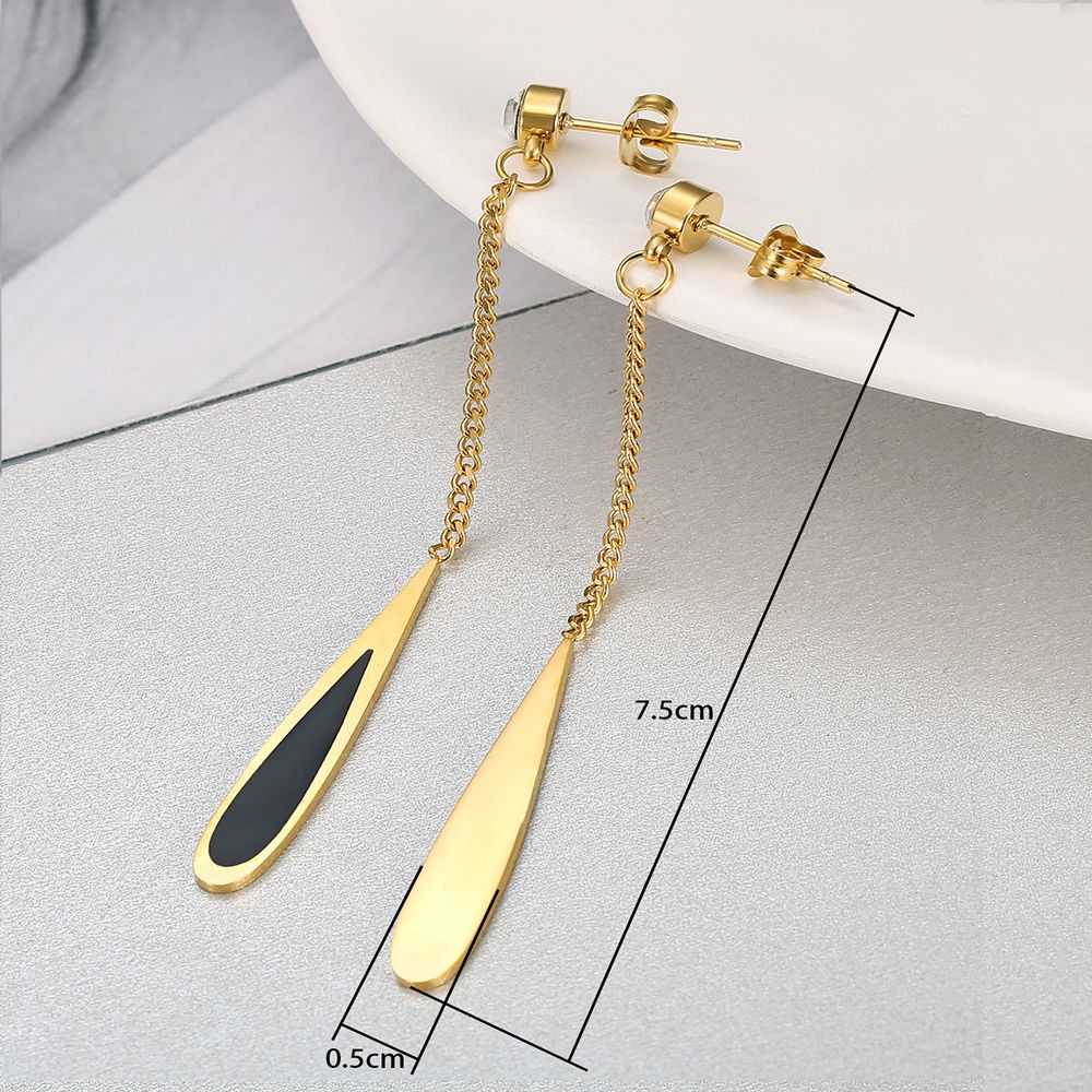 Fashion Titanium Steel Long Black Gold Drop Earrings with Zirconia | Wholesale Jewelry Only 3