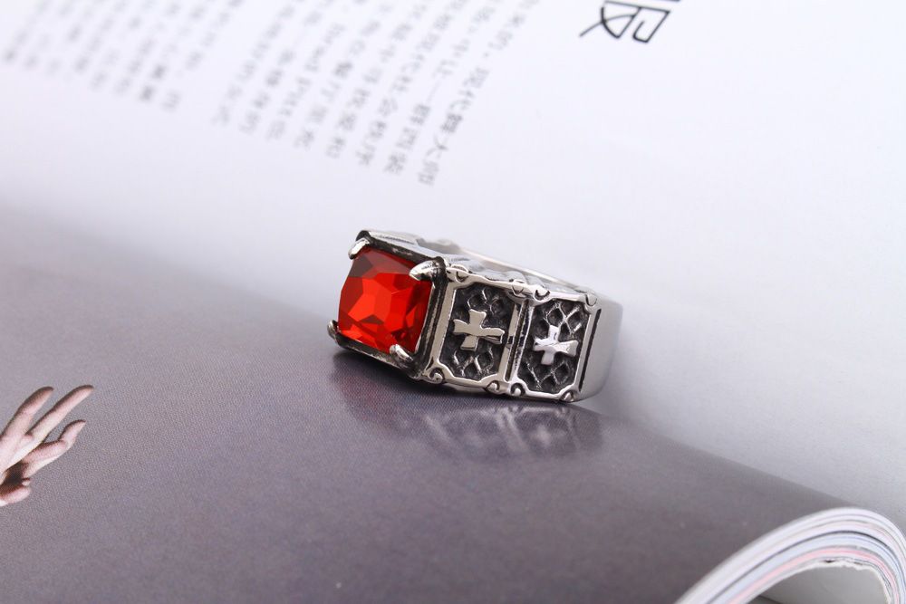 Titanium Steel Cross Ring Gothic Hipster with Ruby Glory Ring | Wholesale Jewelry Only 4