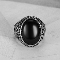 Hip Hop Punk Black Gemstone Vintage Men's Titanium Steel Ring | Wholesale Jewelry Only