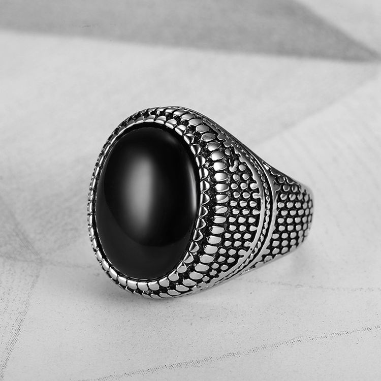 Hip Hop Punk Black Gemstone Vintage Men's Titanium Steel Ring | Wholesale Jewelry Only 3