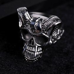 Retro Hip Hop Ram's Horn Titanium Bully Skull Men's Rings | Wholesale Jewelry Only