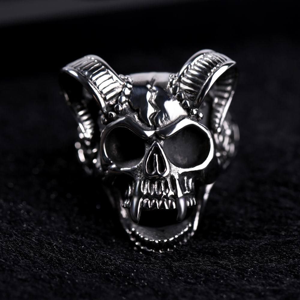 Retro Hip Hop Ram's Horn Titanium Bully Skull Men's Rings | Wholesale Jewelry Only 2