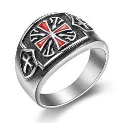 Punk Red Cross Bully Men's Titanium Stainless Steel Ring | Wholesale Jewelry Only