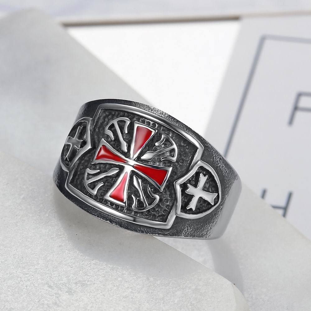 Punk Red Cross Bully Men's Titanium Stainless Steel Ring | Wholesale Jewelry Only 1