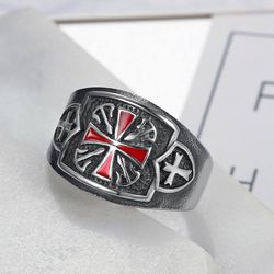 Punk Red Cross Bully Men's Titanium Stainless Steel Ring | Wholesale Jewelry Only