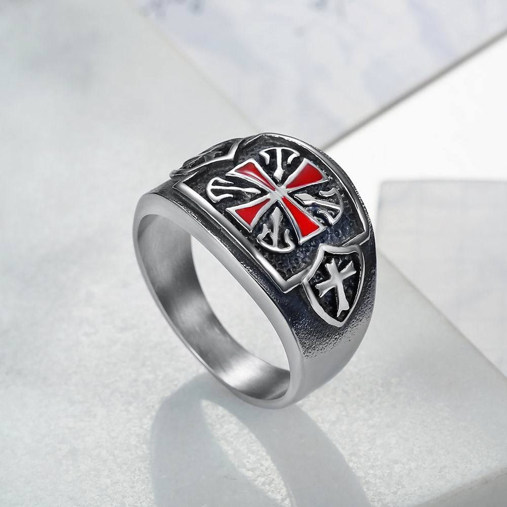 Punk Red Cross Bully Men's Titanium Stainless Steel Ring | Wholesale Jewelry Only 5
