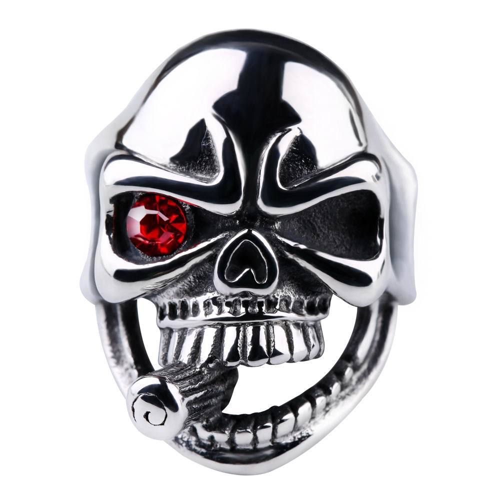 Punk Zirconia Red Eye Skull Vintage Pipe Men's Titanium Ring | Wholesale Jewelry Only 0