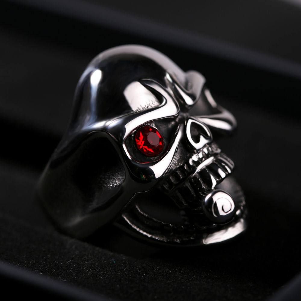Punk Zirconia Red Eye Skull Vintage Pipe Men's Titanium Ring | Wholesale Jewelry Only 1