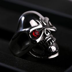 Punk Zirconia Red Eye Skull Vintage Pipe Men's Titanium Ring | Wholesale Jewelry Only