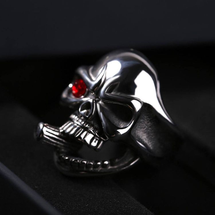 Punk Zirconia Red Eye Skull Vintage Pipe Men's Titanium Ring | Wholesale Jewelry Only 3