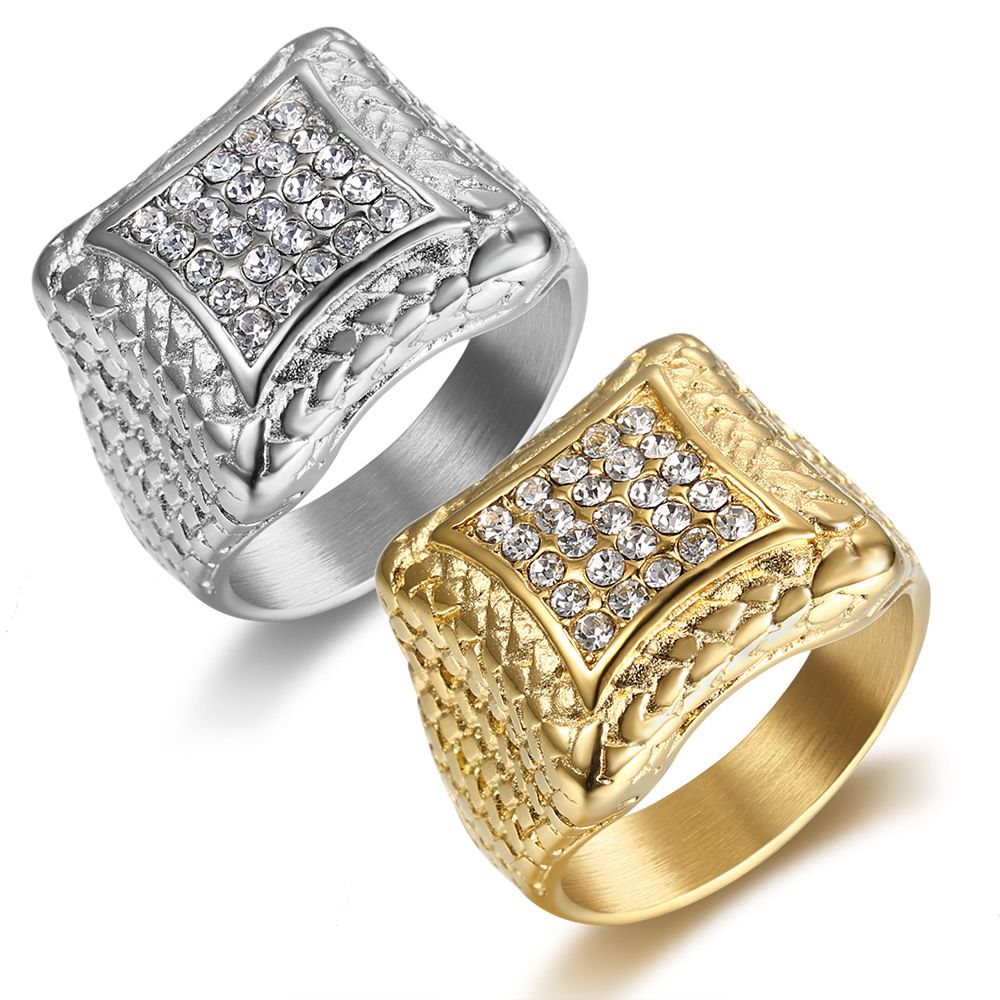 Retro Zirconia Men's Stainless Steel Square Hip Hop Ring | Wholesale Jewelry Only 0