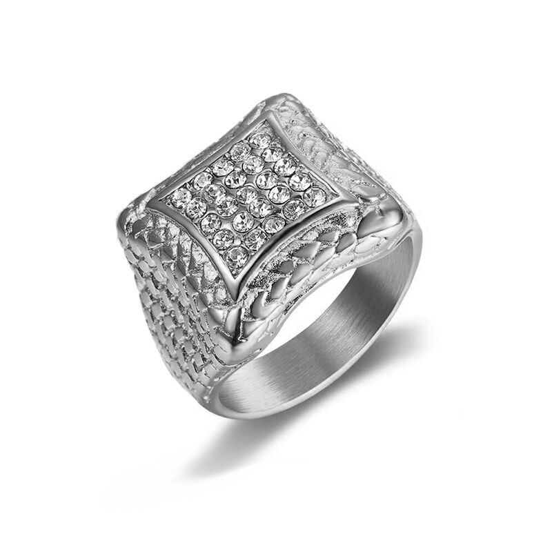 Retro Zirconia Men's Stainless Steel Square Hip Hop Ring | Wholesale Jewelry Only 3