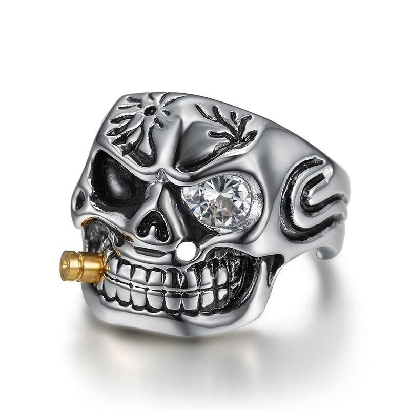 Vintage Pipe Skull Engraved Men's Titanium Ring | Wholesale Jewelry Only 0