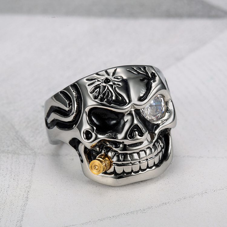 Vintage Pipe Skull Engraved Men's Titanium Ring | Wholesale Jewelry Only 2