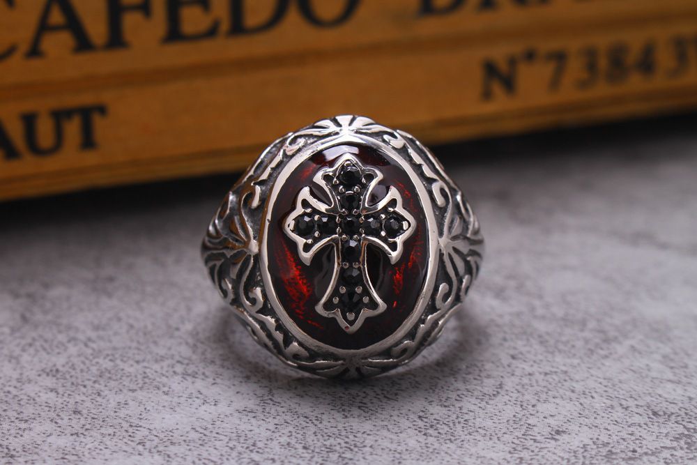 Stainless Steel Drip Red Cross Men's Titanium Rings | Wholesale Jewelry Only 1