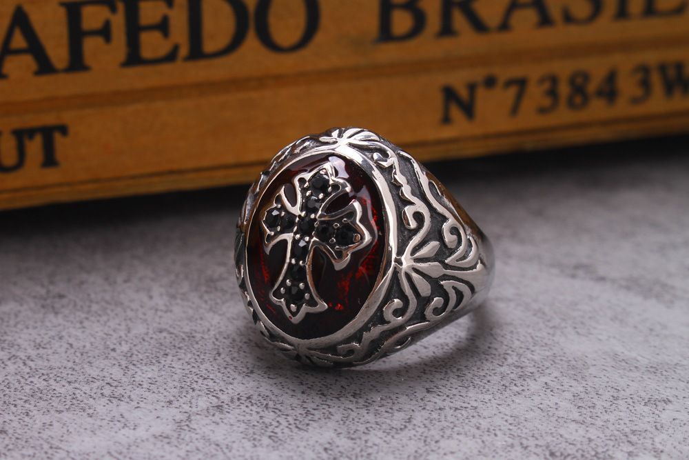Stainless Steel Drip Red Cross Men's Titanium Rings | Wholesale Jewelry Only 2