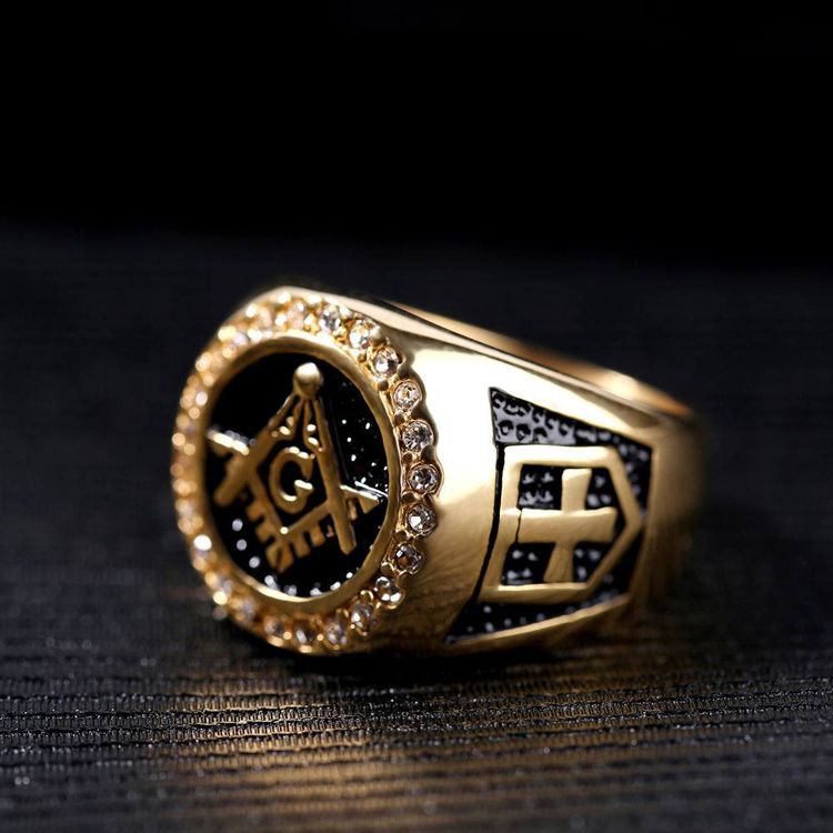 Vintage Titanium Stainless Steel Gold Rhinestone Cross Men's Ring | Wholesale Jewelry Only 2