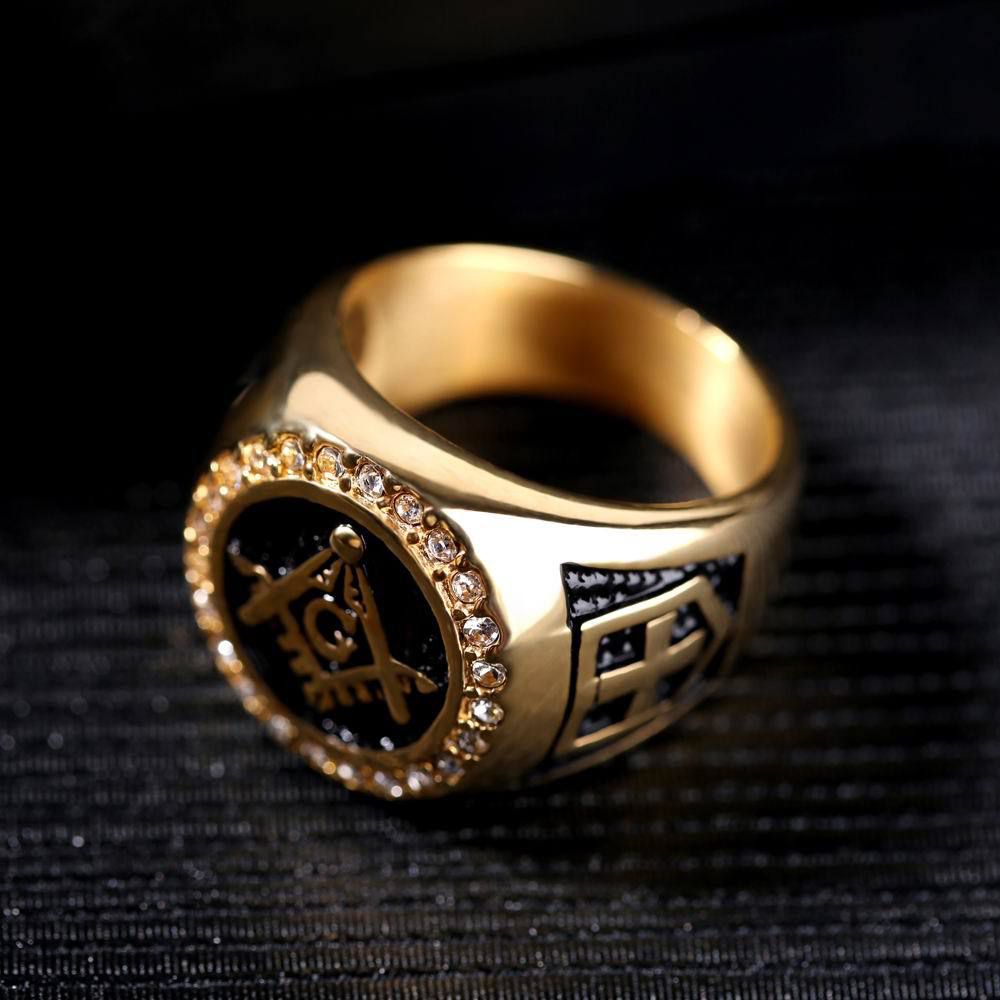 Vintage Titanium Stainless Steel Gold Rhinestone Cross Men's Ring | Wholesale Jewelry Only 4