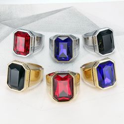 Fashion Polished Square Gemstones Men's Stainless Steel Ring | Wholesale Jewelry Only